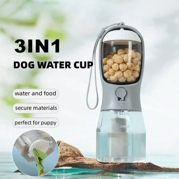 3-in-1 portable dog water cup with food container and waste bag compartment for pets