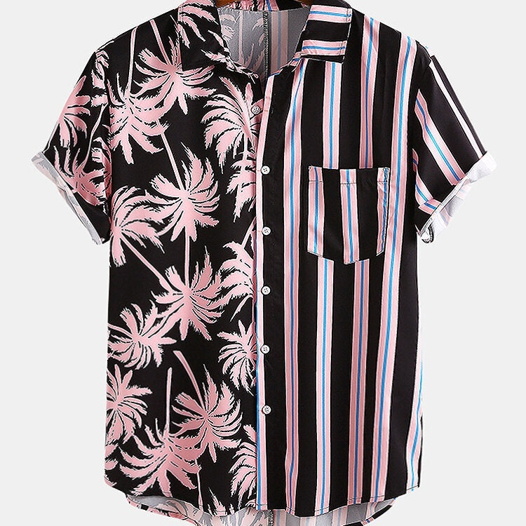 Men Clothing Summer New Men's Coconut Print Striped Stitching Casual Holiday Shirt Short-sleeved Camisas Para Hombre