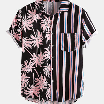 Men Clothing Summer New Men's Coconut Print Striped Stitching Casual Holiday Shirt Short-sleeved Camisas Para Hombre