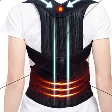 Black spine bending posture corrector worn on back with arrows highlighting spine alignment and support areas