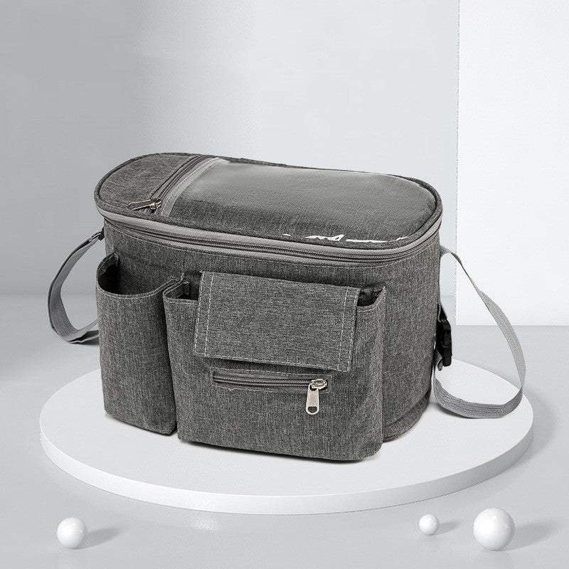 Grey Oxford cloth baby stroller hang bag with multiple pockets and a transparent top cover