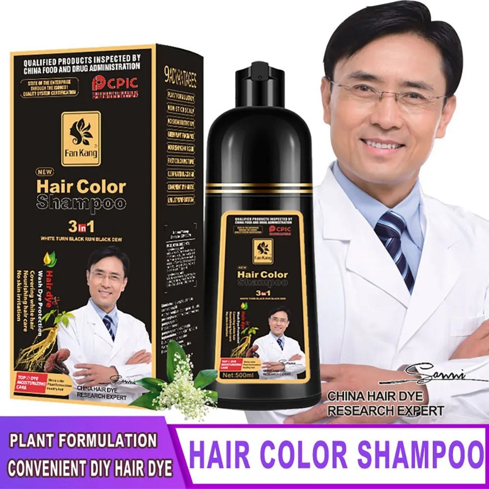 3 In 1 Instant Coloring Shampoo natural black hair dye with herbal ingredients for men and women 500ml bottle and packaging with expert endorsement