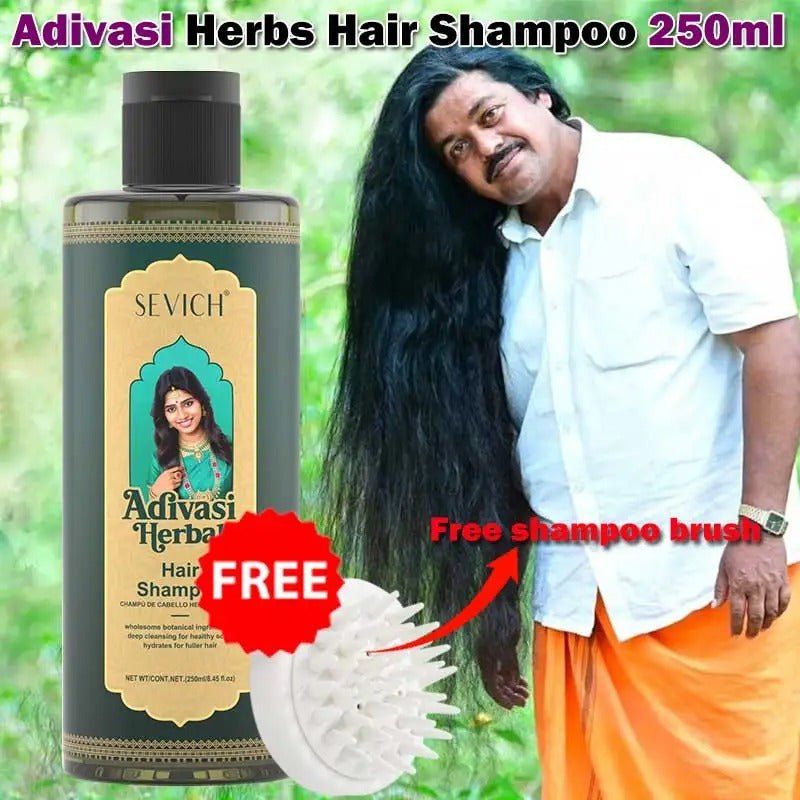 250ml Adivasi Herbs hair shampoo bottle with free shampoo brush and man with long healthy black hair outdoors
