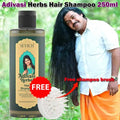 250ml Adivasi Herbs hair shampoo bottle with free shampoo brush and man with long healthy black hair outdoors