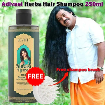 250ml Adivasi Herbs hair shampoo bottle with free shampoo brush and man with long healthy black hair outdoors