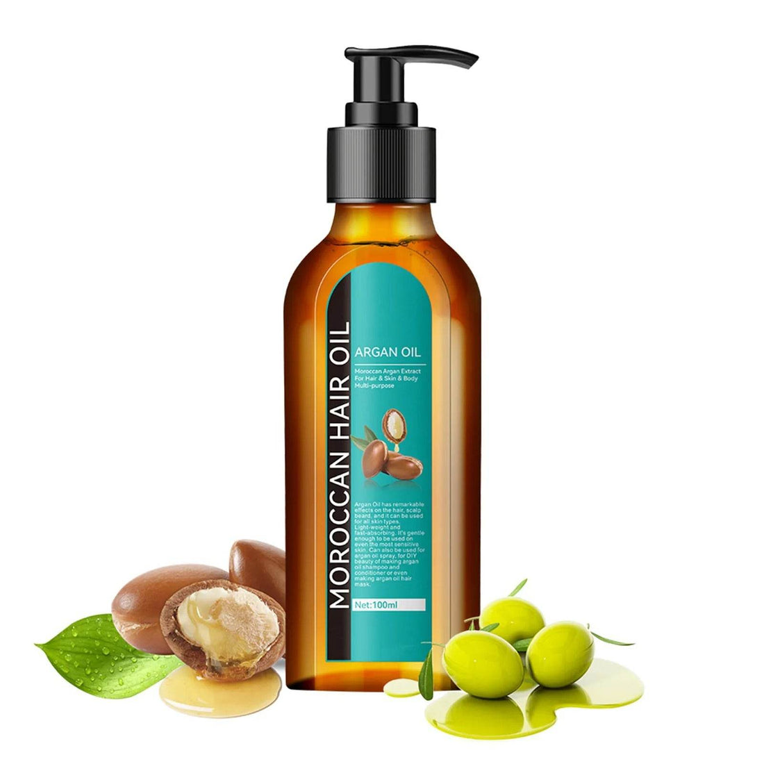 Moroccan Hair Care Oil bottle with argan nuts and green olives for moisturizing dry damaged hair and healthier scalp.