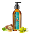 Moroccan Hair Care Oil bottle with argan nuts and green olives for moisturizing dry damaged hair and healthier scalp.