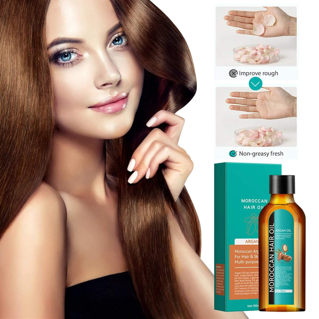 Moroccan Hair Care Oil bottle with argan nuts and green olives for moisturizing dry damaged hair and healthier scalp.
